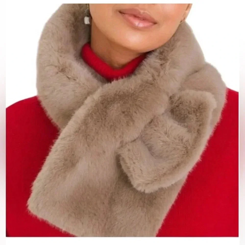 Chico's Scarf & Headband Set Pull Through Faux Fur Tan Brown
